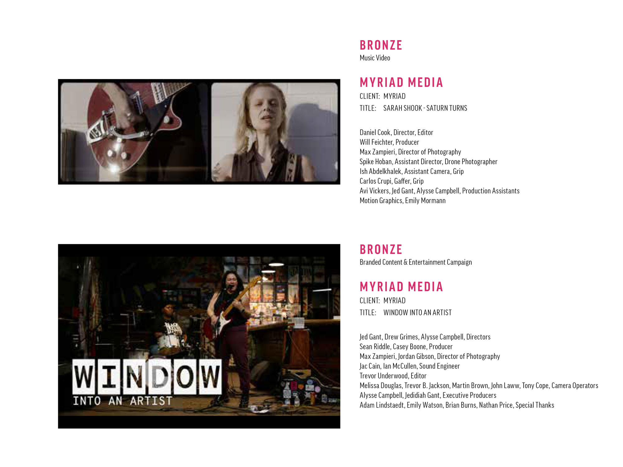 Bronze awards for the Sarah Shook - Saturn Turns film and the Window Into An Artist film