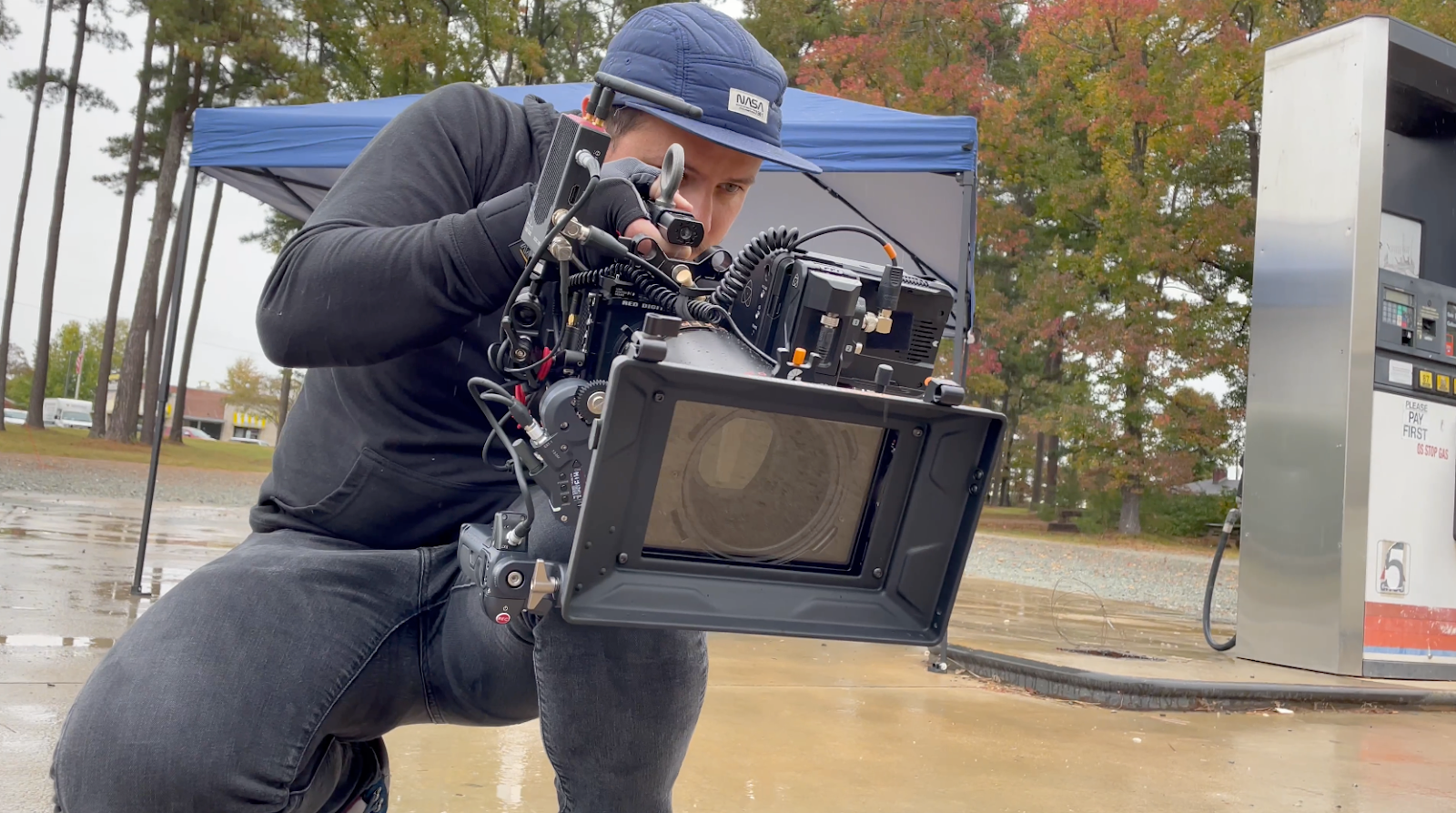 A closeup of a cameraman filming a scene