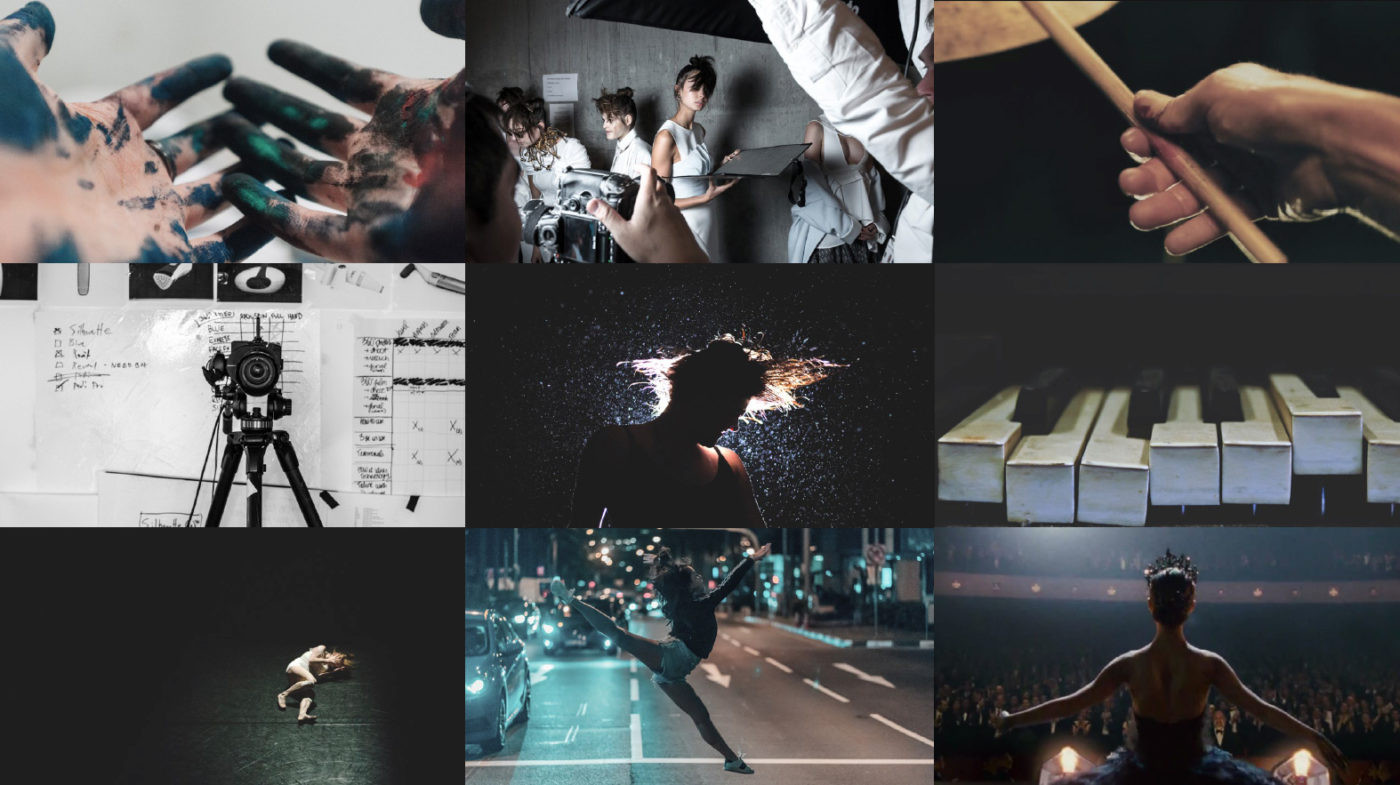 A collage of different creative scenes